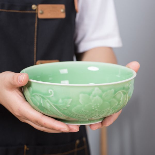 龙泉青瓷 加厚大号汤碗饭碗面碗 创意陶瓷家用缠枝牡丹碗酒店餐具