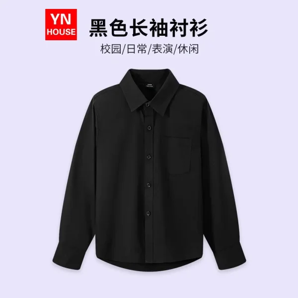 跨境春秋季学生儿童衬衫黑色长袖方领衬衫儿童演出童装中大童衬衣