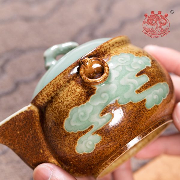 龙泉青瓷 功夫茶具泡茶壶复古柴烧填釉手抓壶 陶瓷家用过滤盖碗