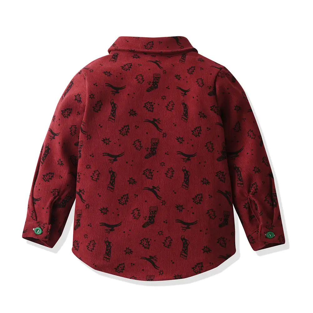 儿童秋装外贸童装圣诞印花长袖衬衫背带裤中大童套装男宝周岁礼服