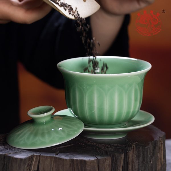 龙泉青瓷 创意仿古手工三才盖碗 陶瓷中式功夫茶具莲花敬茶泡茶碗