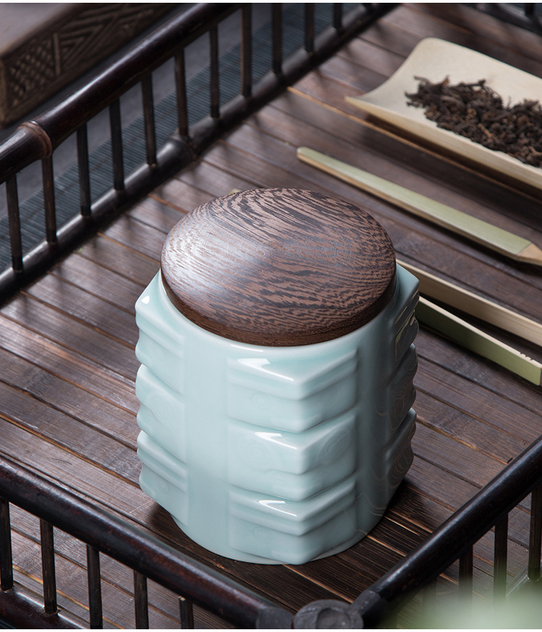 龙泉青瓷 厂家直销创意木盖茶叶罐 陶瓷中式良渚储存茶罐LOGO