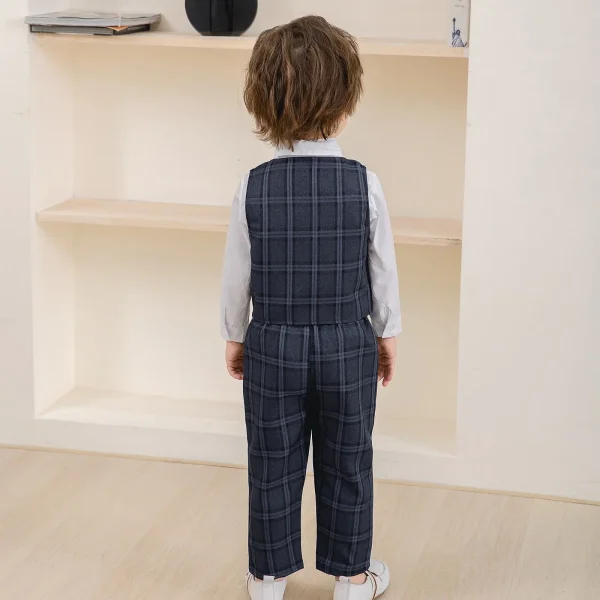 儿童礼服男童宴会衣服绅士格子马甲衬衫长裤领带派对帅气三件套装