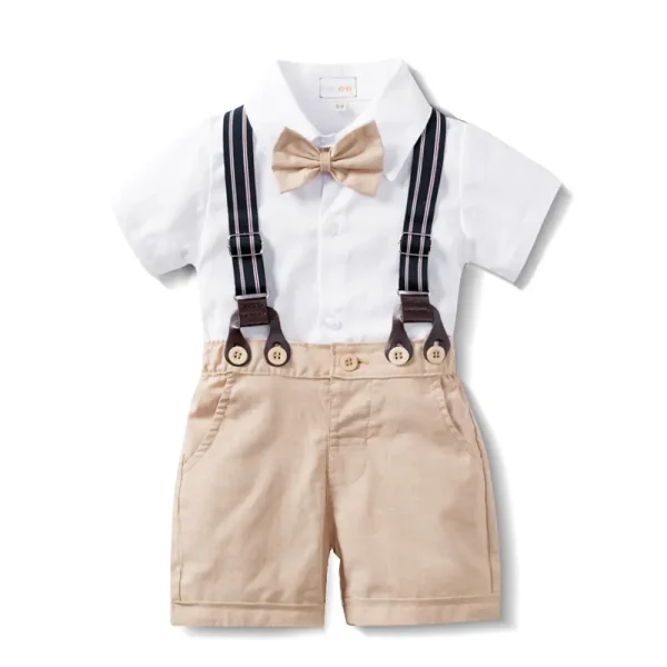 跨境2025夏季新款 男宝宝绅士礼服 印花爬服婴幼儿三角哈衣批发
