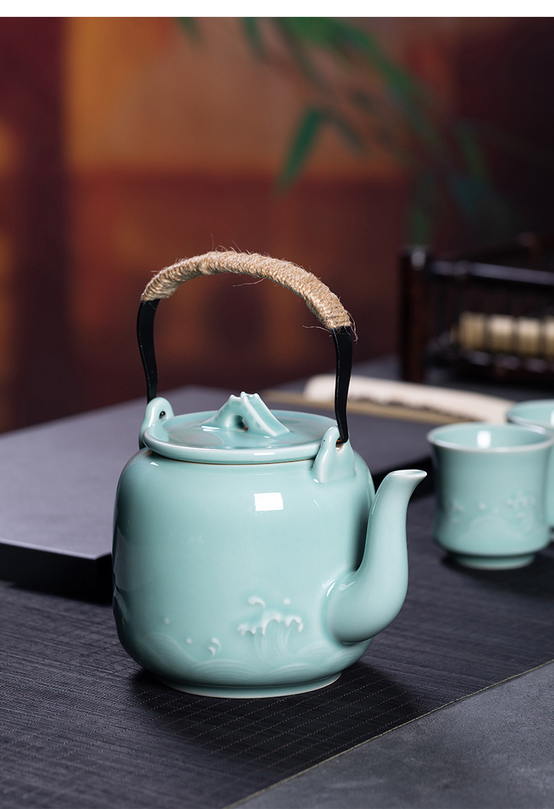 龙泉青瓷 家用大容量提梁壶功夫茶具套装 陶瓷茶具酒店商务礼盒装
