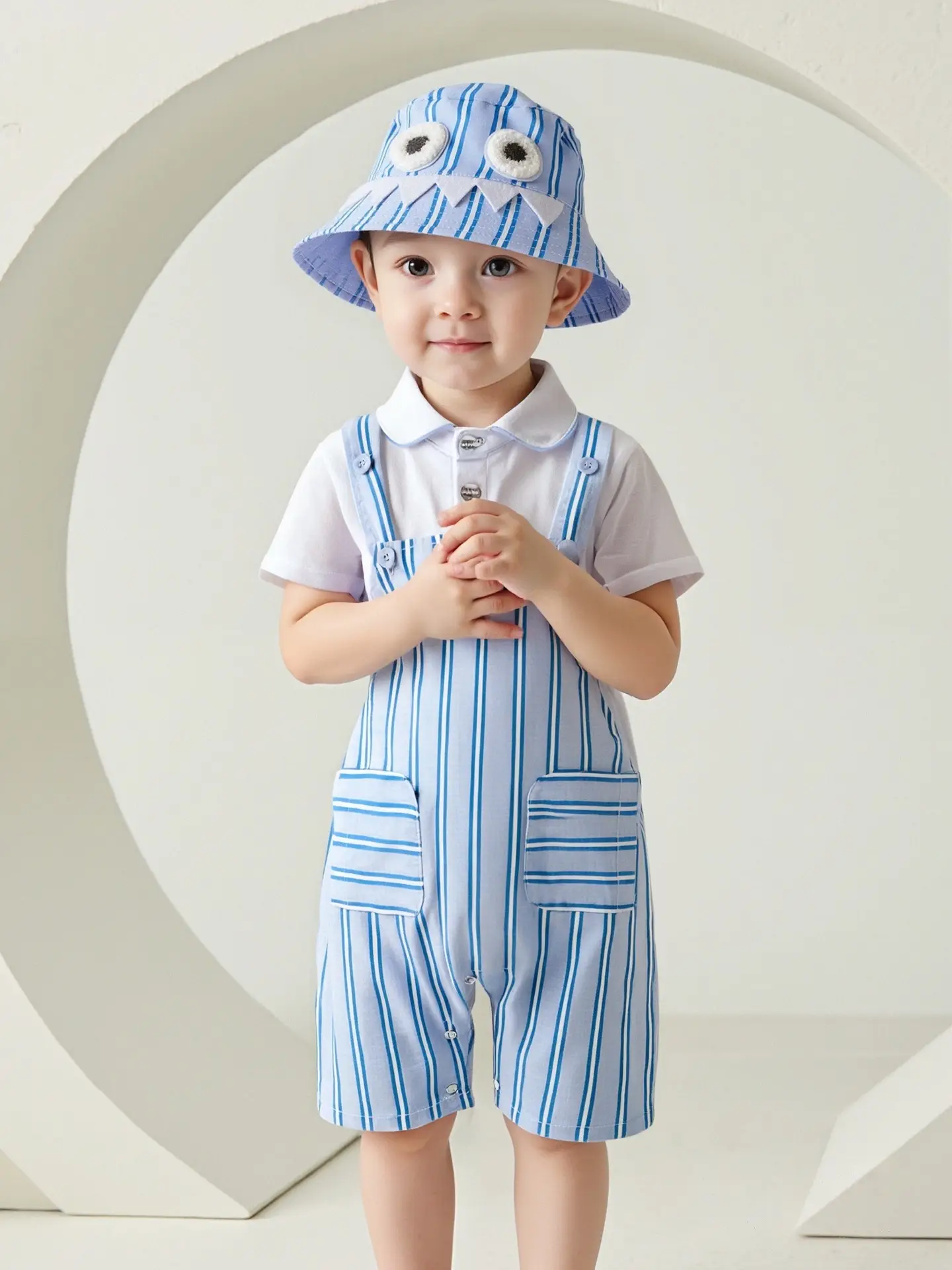 跨境婴儿衣服夏装新款连体衣男宝蓝条纹翻领短袖爬服外出哈衣套装