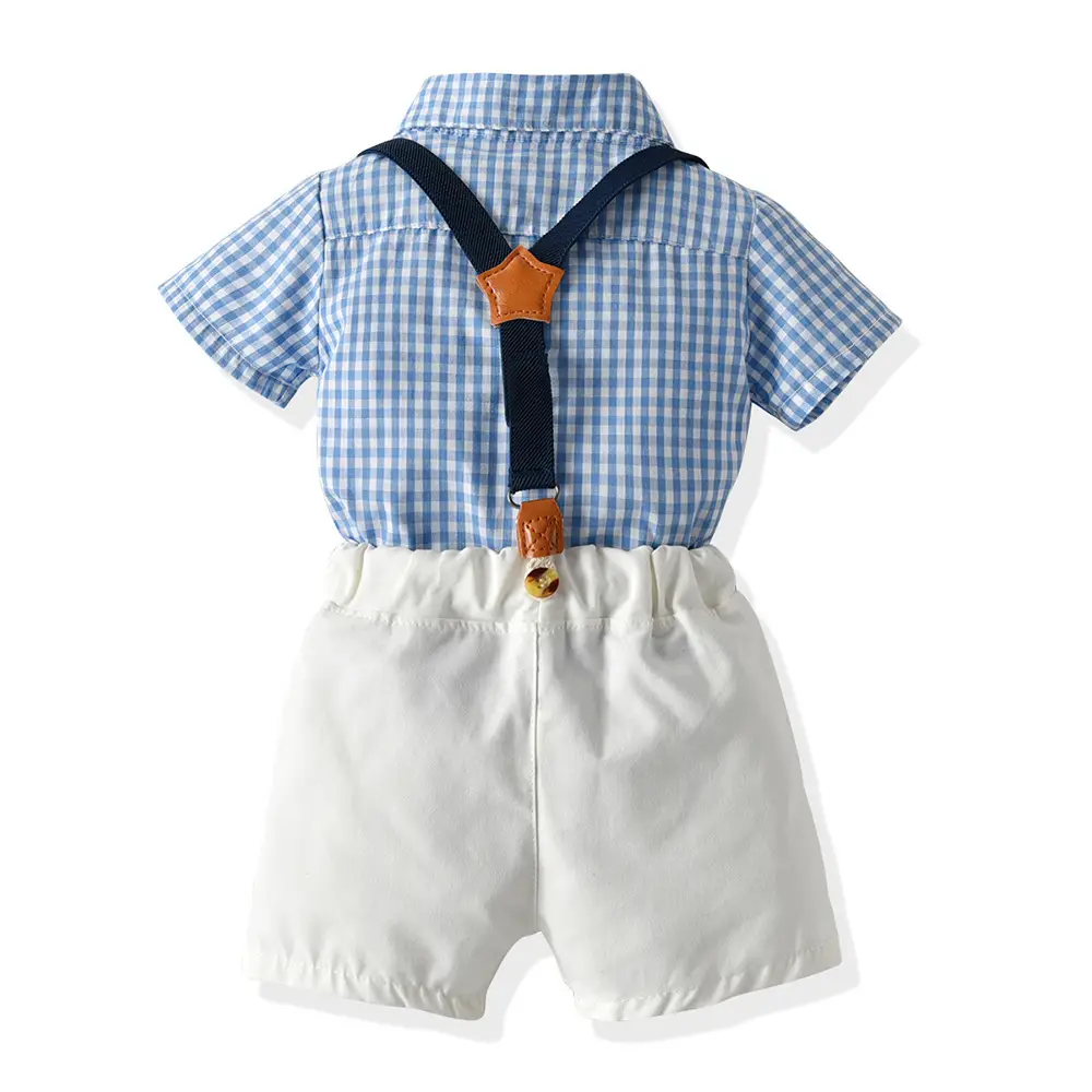 2021夏季男童套装宝宝童装棉衣服格子衬衫儿童短袖夏背带短裤生日