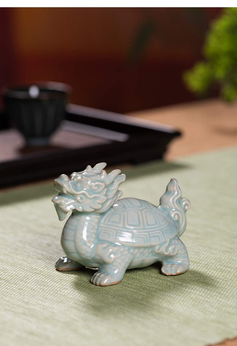 龙泉青瓷 招财龙龟摆件精品茶宠 陶瓷茶玩茶桌装饰功夫茶具配件
