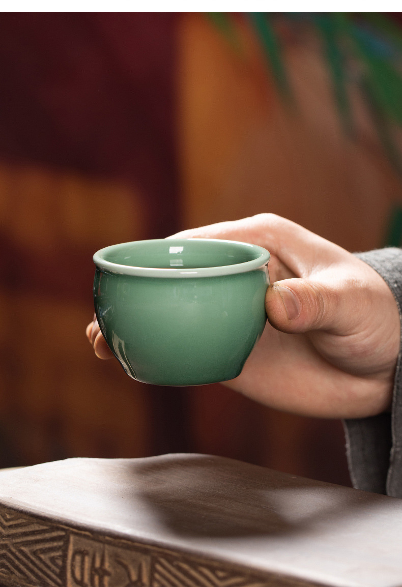 龙泉青瓷 创意纯手工主人杯单个 陶瓷如意风水缸品茗杯个人杯茶碗