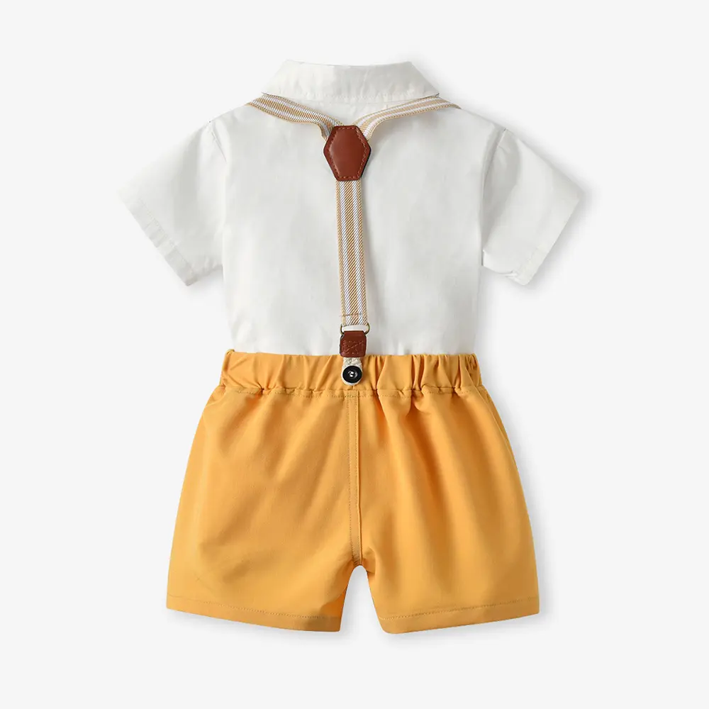 新品夏季韩版童装礼服棉质短袖衬衫背带裤宝宝衣服外贸男童套装