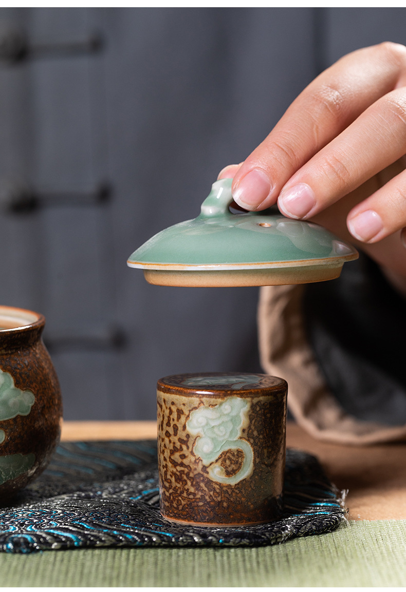 龙泉青瓷 功夫茶具家用高档茶壶茶杯整套 陶瓷柴烧窑变商务礼盒装