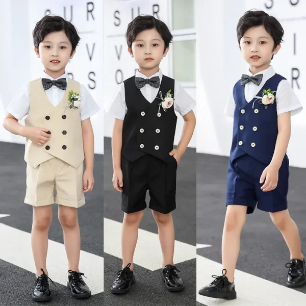儿童套装新款春夏短袖马甲套男童花礼服中小童宝宝周岁生日宴会服