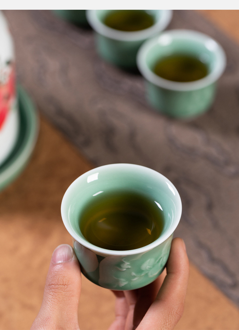 龙泉青瓷 创意手工主人杯单个杯功夫茶杯 陶瓷家用九桃五福品茗杯