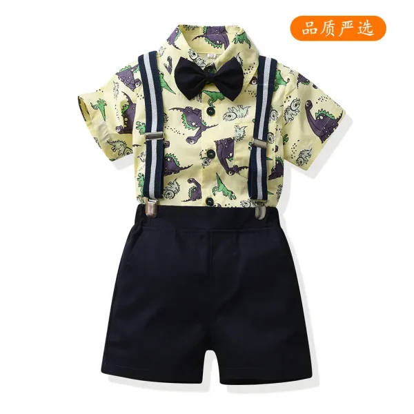 外贸夏季新款儿童短袖衬衫印花男童套装卡通恐龙背带绅士周岁礼服