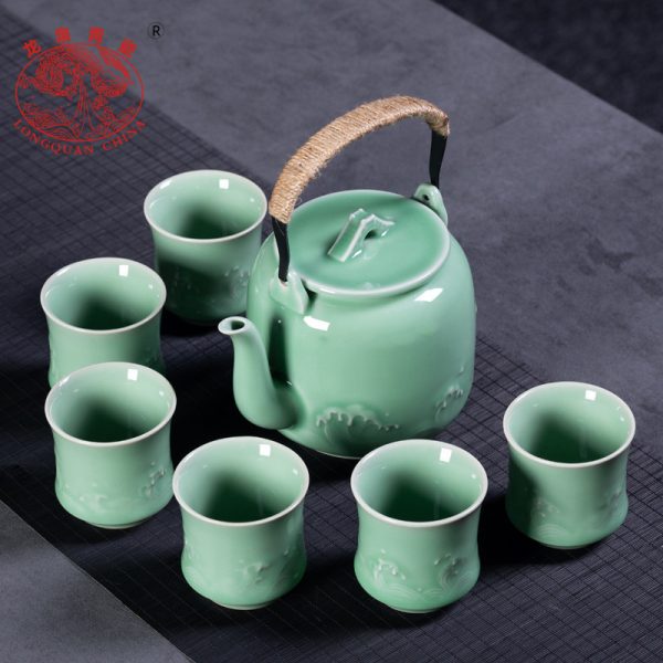 龙泉青瓷 家用大容量提梁壶功夫茶具套装 陶瓷茶具酒店商务礼盒装