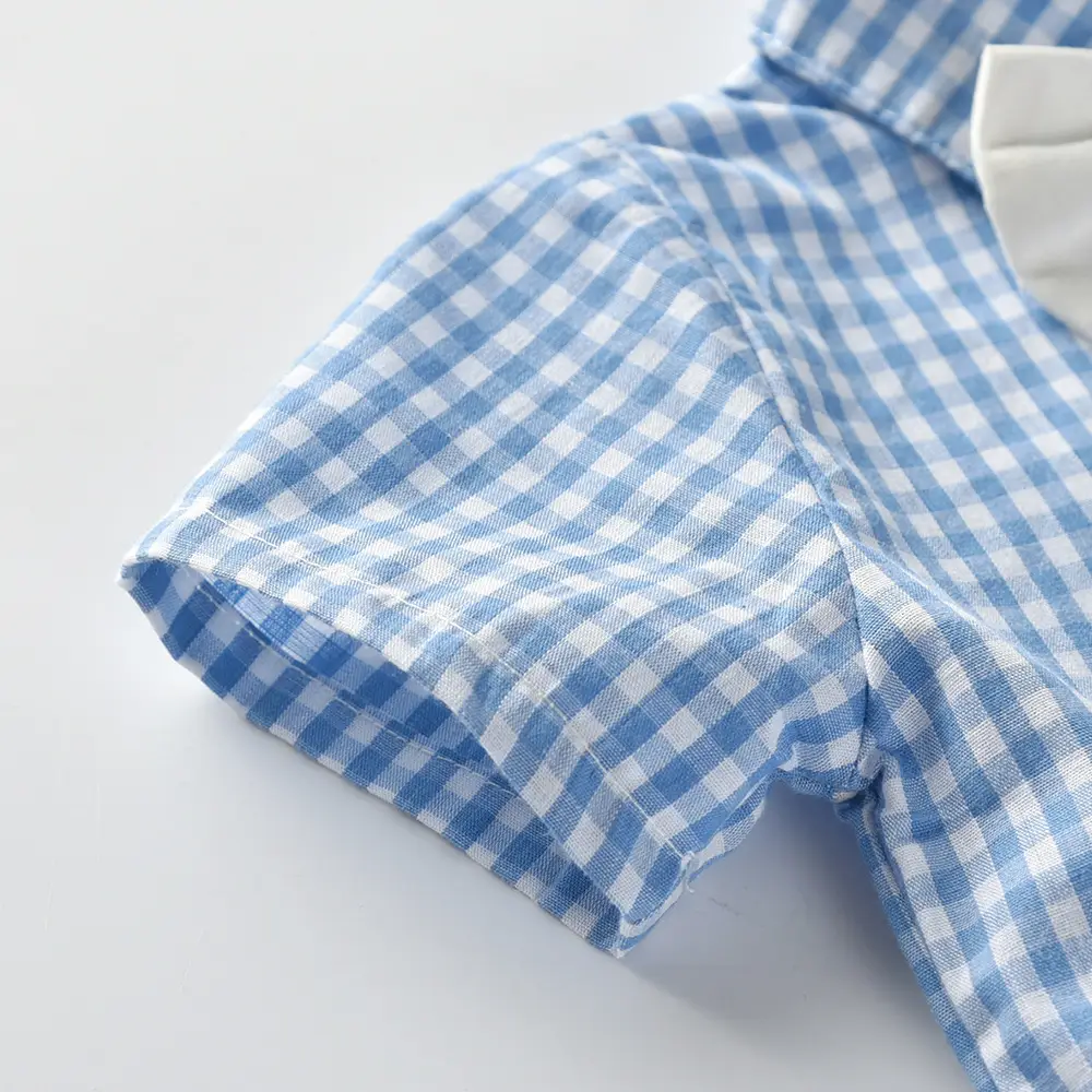 2021夏季男童套装宝宝童装棉衣服格子衬衫儿童短袖夏背带短裤生日