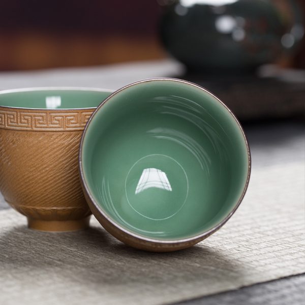 龙泉青瓷 创意纯手工跳刀回纹主人杯 陶瓷大号功夫茶杯茶碗品茗杯