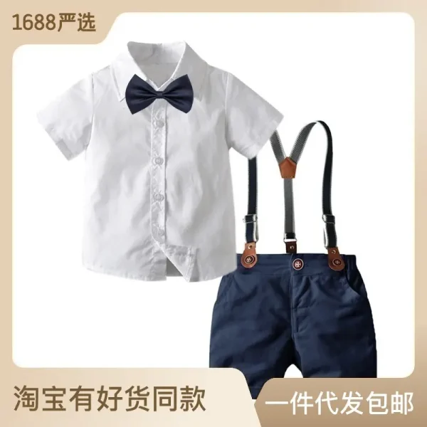 加工定制 跨境 欧美夏季新款男童领结绅士背带短裤短袖衬衫四件套