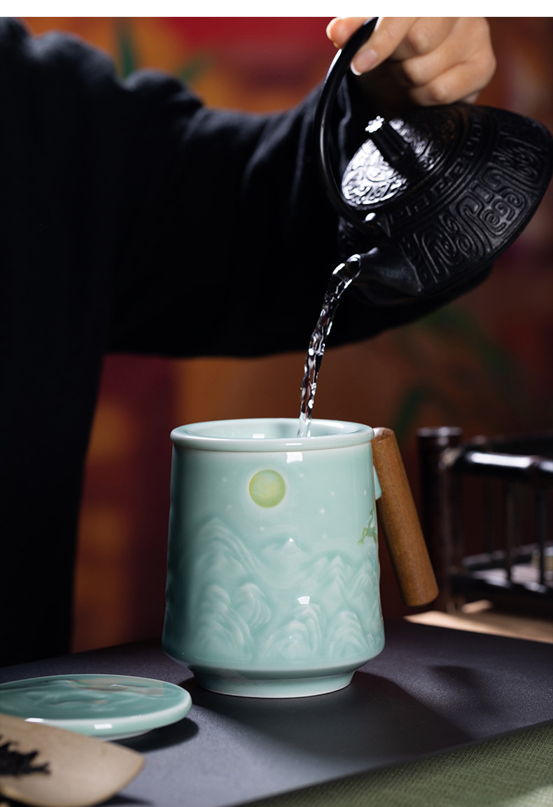 龙泉青瓷 带盖过滤茶水分离马克杯 陶瓷大容量高档办公杯泡茶杯子