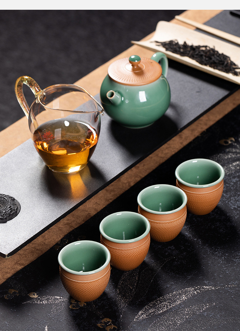 龙泉青瓷 创意高档手工跳刀一壶四杯功夫茶具 复古旅行泡茶壶茶杯
