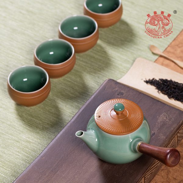 龙泉青瓷 旅行家用跳刀手工侧把壶套装 陶瓷茶杯高档功夫茶具套装