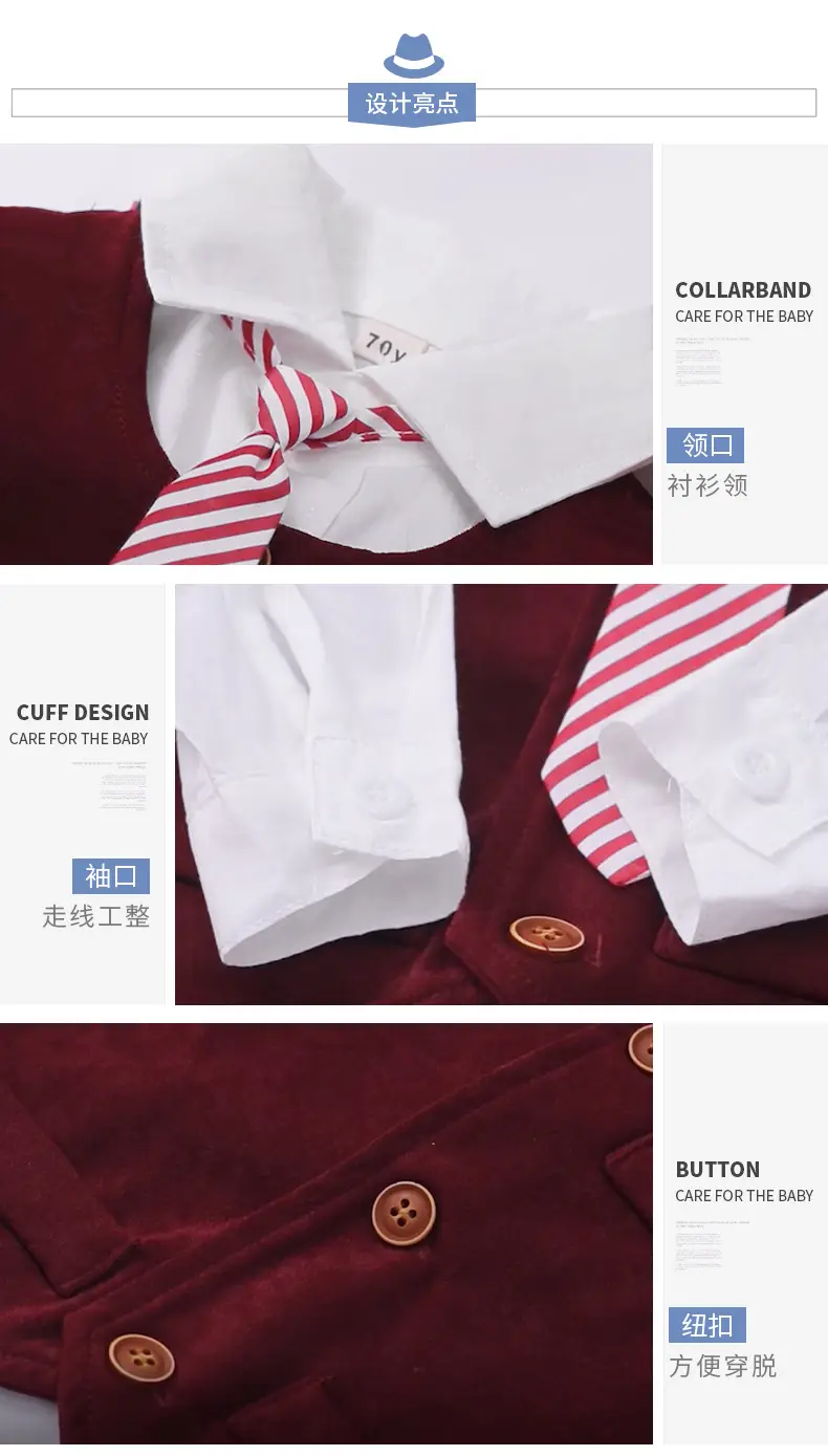 加工定制 跨境欧美春秋新款长袖婴幼儿哈衣马甲领带长裤多件套装