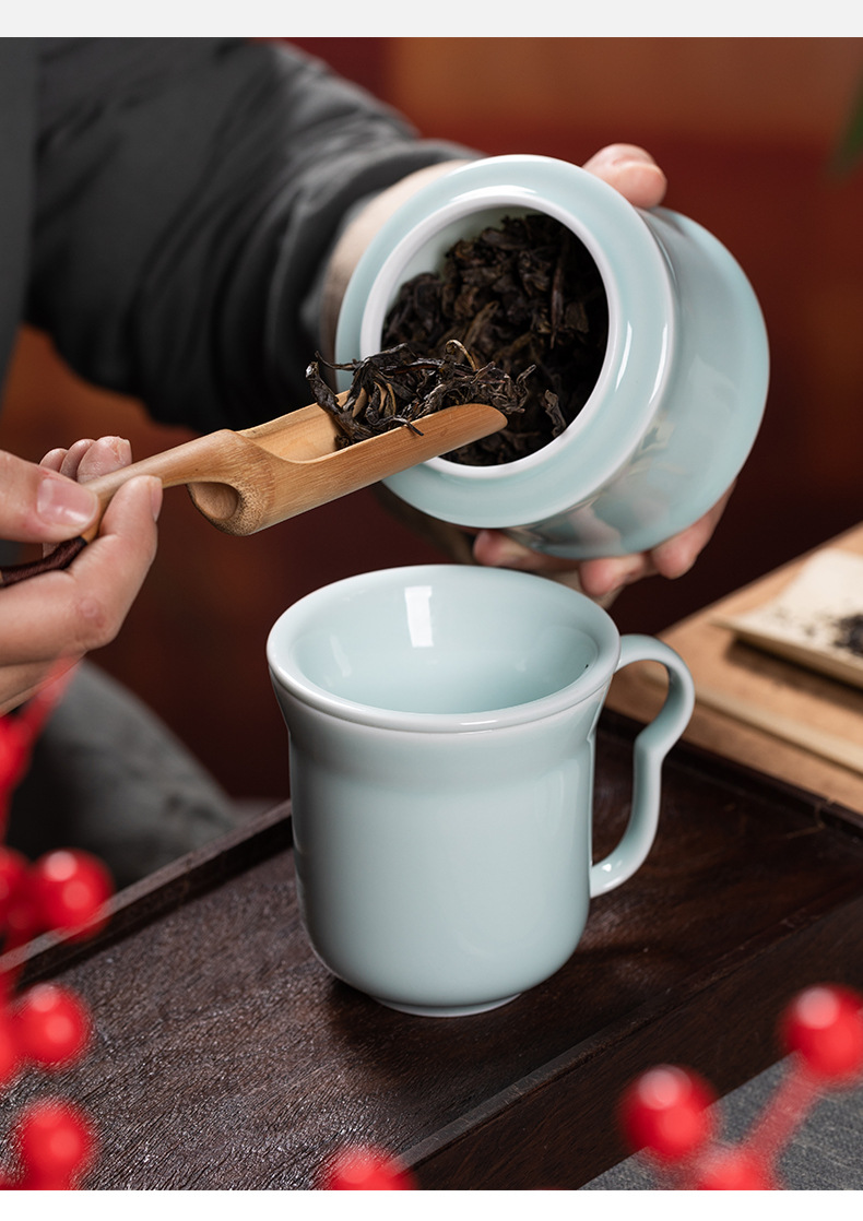 龙泉青瓷办公室茶杯套装家用陶瓷带过滤马克泡茶龙年会议水杯送礼