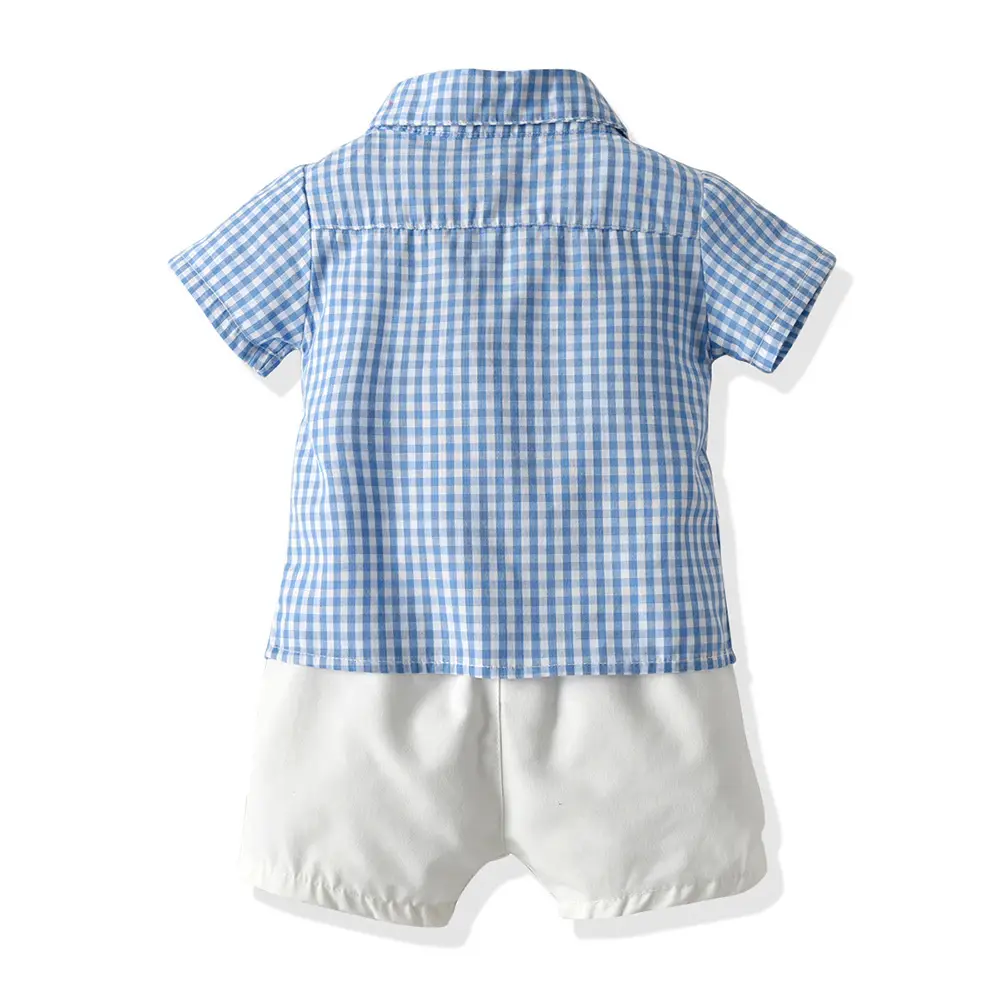2021夏季男童套装宝宝童装棉衣服格子衬衫儿童短袖夏背带短裤生日