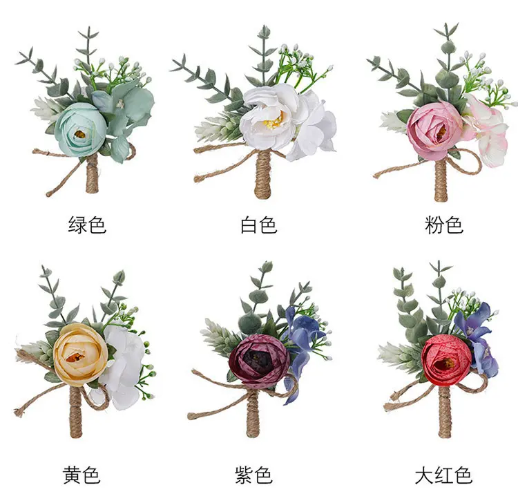 新款仿真胸花创意玫瑰花朵伴郎伴娘胸花配饰手编麻绳工艺胸花批发