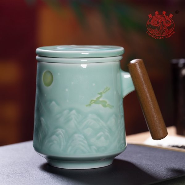 龙泉青瓷 带盖过滤茶水分离马克杯 陶瓷大容量高档办公杯泡茶杯子