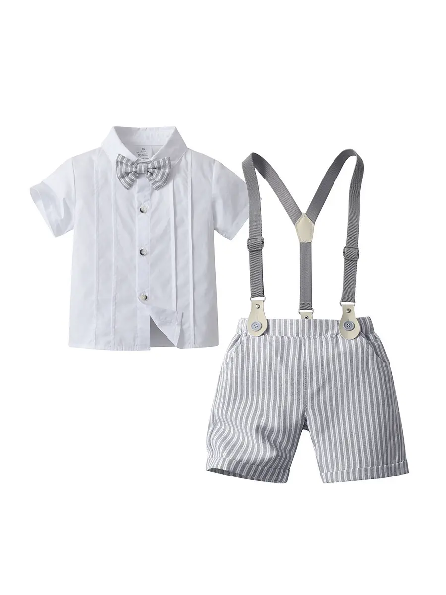 2025欧美童装夏季短袖西装两件套儿童衣服宝宝条纹背带裤男童套装