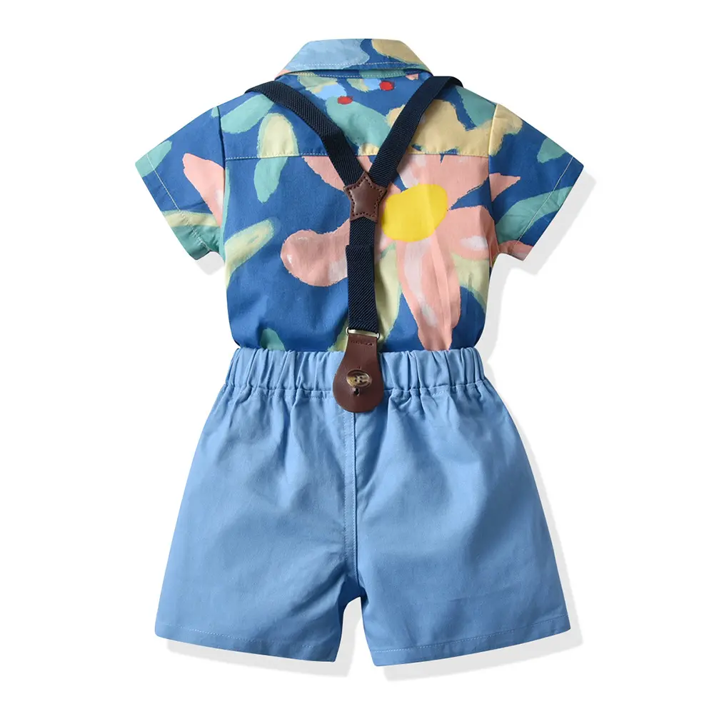 韩版童装新宝宝周岁礼服印花短袖衬衫背带裤婴幼儿包屁衣儿童套装
