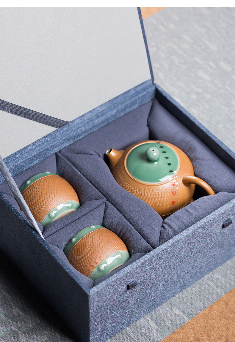 龙泉青瓷 创意跳刀茶具套装便捷家用一壶两杯 陶瓷功夫泡茶西施壶