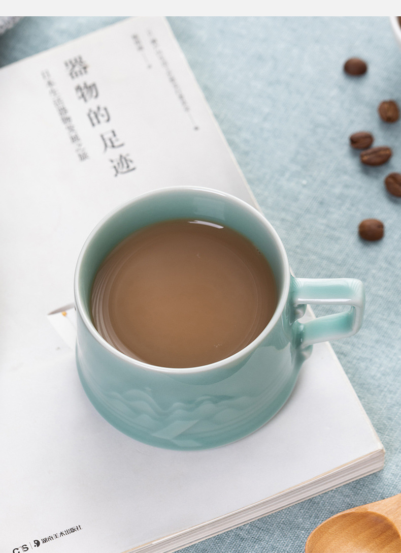 龙泉青瓷咖啡杯子高档精致中式复古手柄陶瓷杯大容量拿铁马克杯