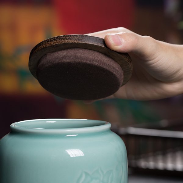 龙泉青瓷大号木盖茶叶罐一斤装陶瓷密封罐存储茶罐家用中式可logo