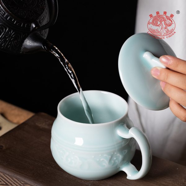 龙泉青瓷 家用带盖水杯中式泡茶杯马克杯 陶瓷个人专用办公室会议