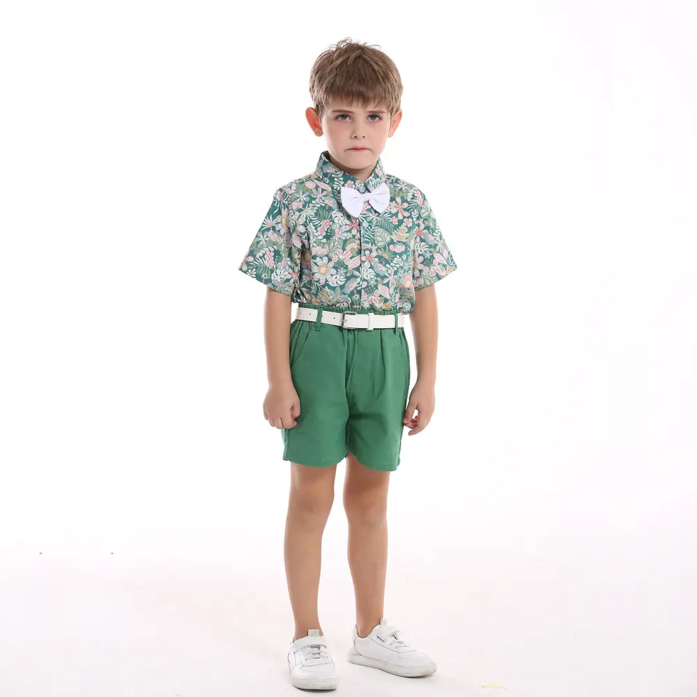 跨境童装新品男孩印花套装短袖代发沙滩风度假衬衫休闲短裤配腰带