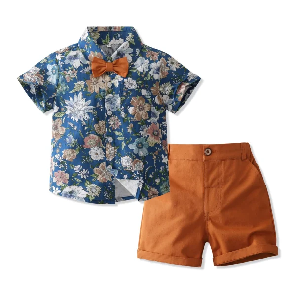跨境男夏天衣服小童新款短袖印花衬衫两件套韩版儿童绅士礼服套装