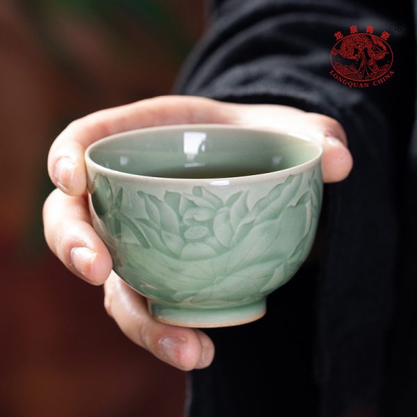 龙泉青瓷 李茂林荷塘丽影高档手工主人杯单个杯 陶瓷功夫茶杯茶碗