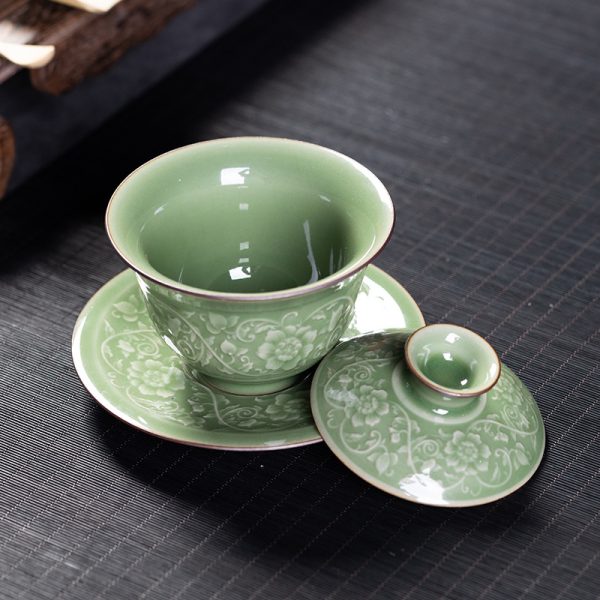 龙泉青瓷纯手工三才盖碗 陶瓷缠枝莲花中式茶道功夫茶具茶碗茶杯