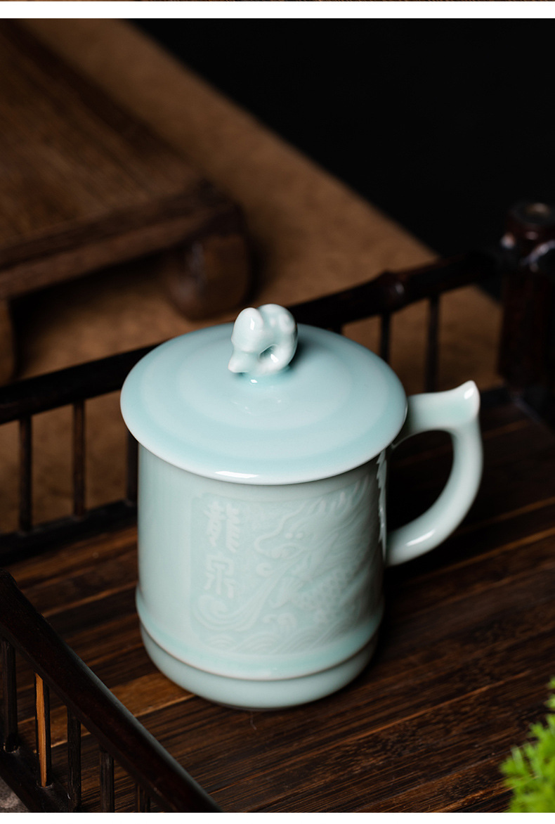 龙泉青瓷 创意带盖办公杯喝茶杯子家用马克杯 陶瓷泡茶水杯情侣杯