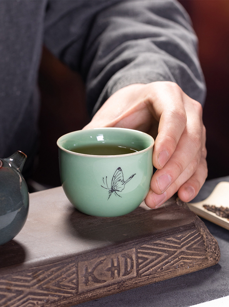 龙泉青瓷 创意功夫茶杯单个杯品茗杯 陶瓷复古茶碗茶盏可logo批发