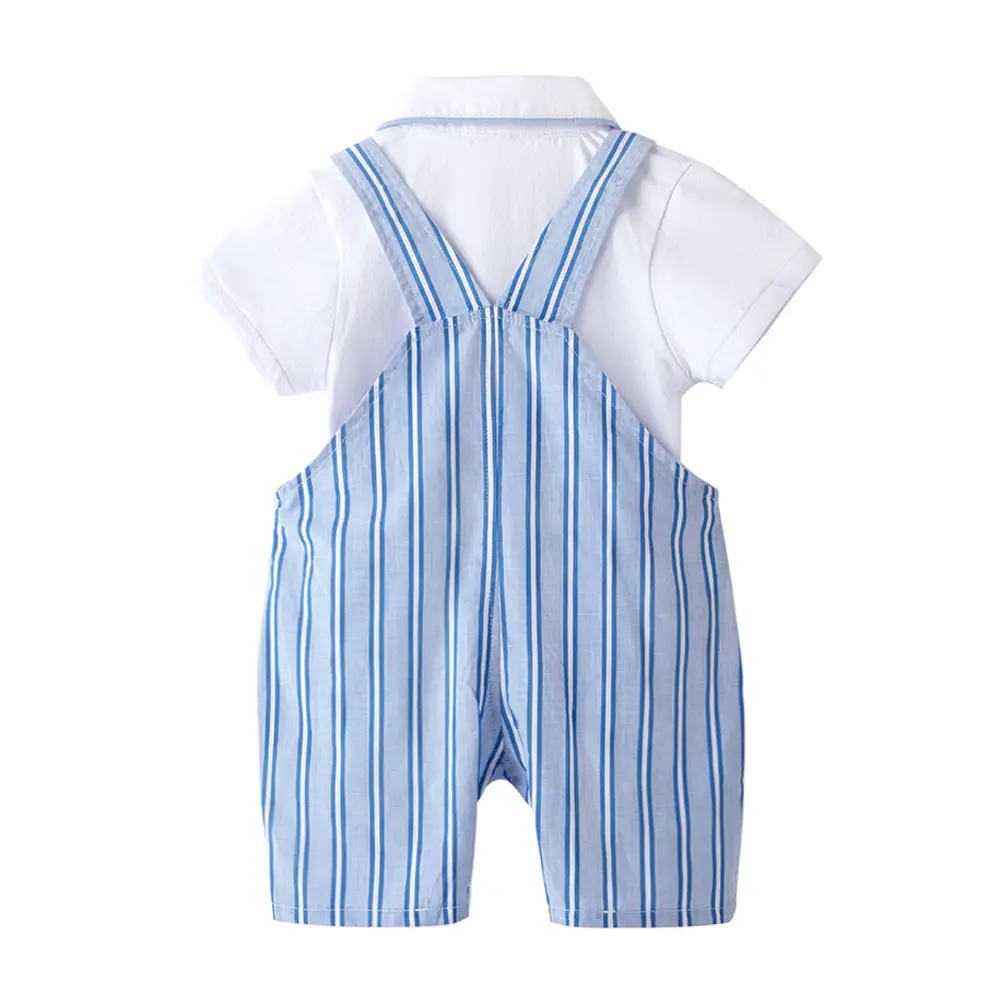 跨境婴儿衣服夏装新款连体衣男宝蓝条纹翻领短袖爬服外出哈衣套装
