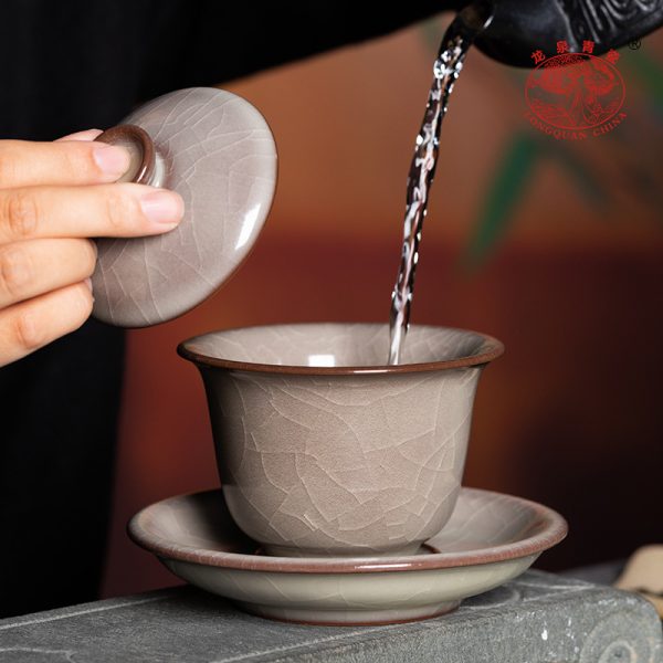龙泉青瓷 创意手工哥窑冰裂三才盖碗 陶瓷复古功夫茶具红冰泡茶碗
