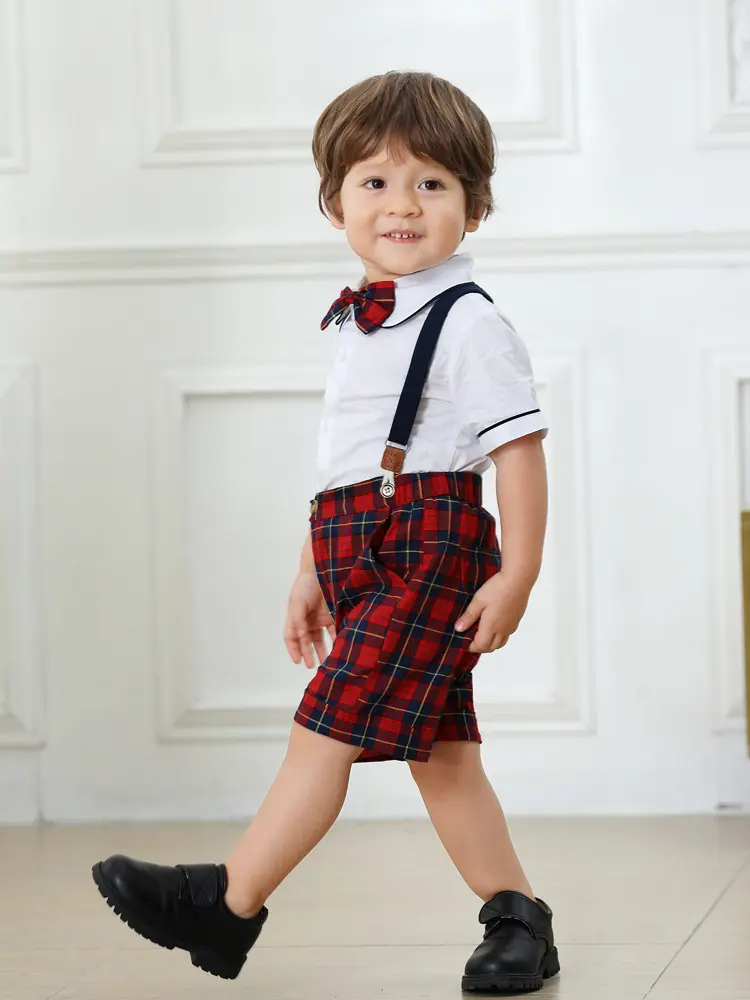 加工定制跨境男女童时尚绅士礼服夏新款短袖短裤儿童表演服兄妹装