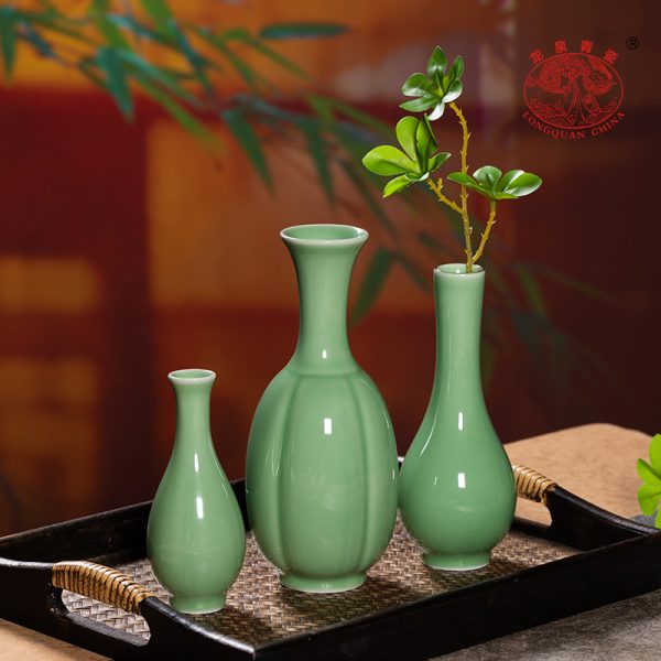 龙泉青瓷小号花瓶三件套创意客厅装饰花器中式陶瓷花插家居小摆件