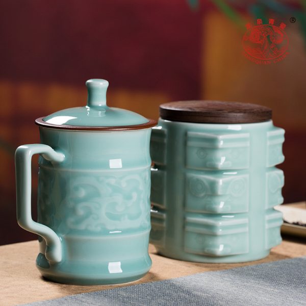 龙泉青瓷 泡茶杯子喝水大容量马克杯 陶瓷带盖办公杯茶叶罐礼盒装