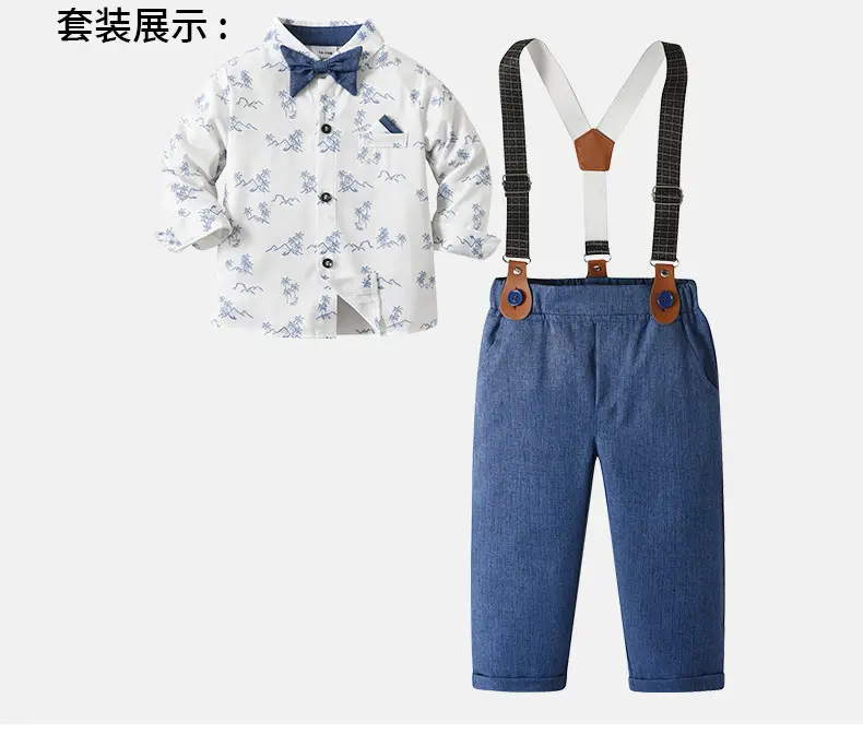 跨境童装批发春秋新款长袖印花男童秋装宝宝背带裤两件套儿童套装