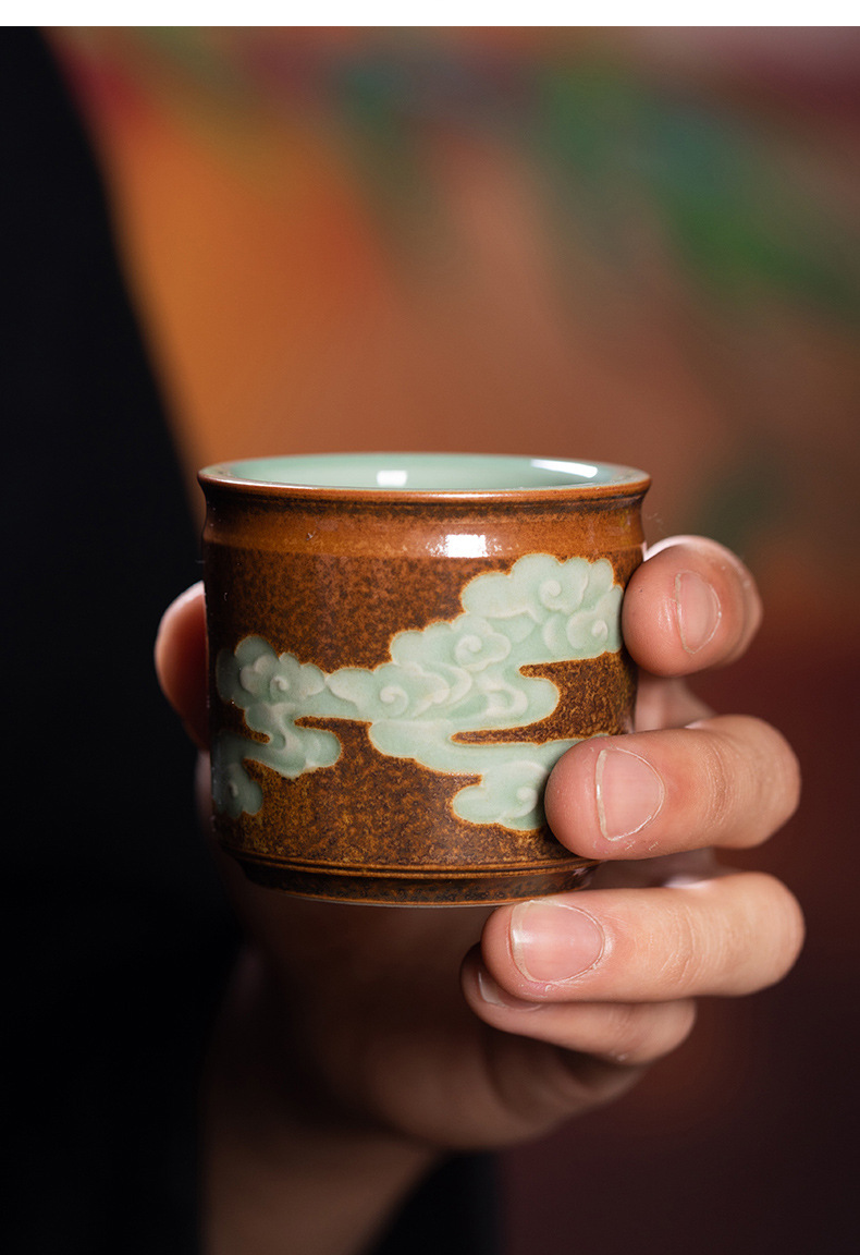 龙泉青瓷柴烧窑变手工主人杯单杯陶瓷功夫茶杯祥云扳指品茗杯盏