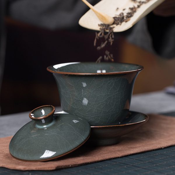 龙泉青瓷 铁胎盖碗三才家用敬茶泡茶碗 陶瓷功夫茶具手工大号茶杯